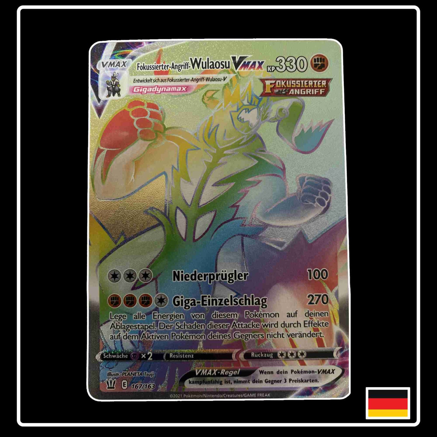 Pokemon Karte Fokussierter-Angriff-Wulaosu VMAX Rainbow 167/163 aus dem Schwert & Schild Set Kampfstile