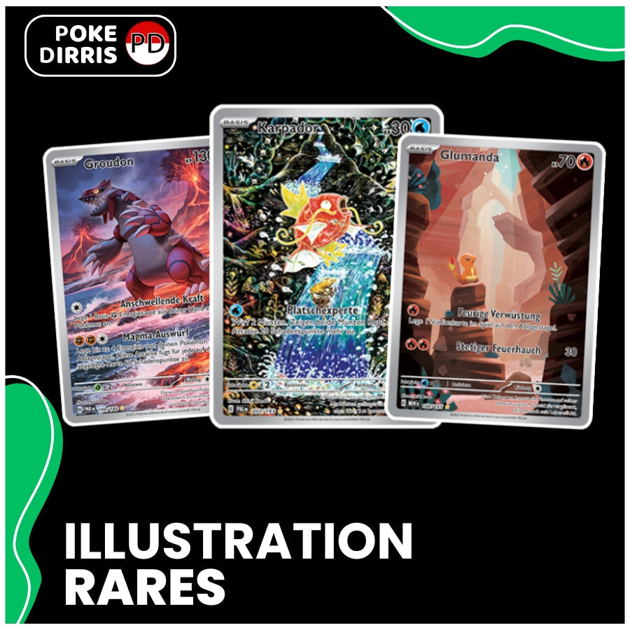 Illustration Rare Pokémon Karten mit Groudon, Karpador, Evoli, Pikachu, Glumanda und Schiggy
