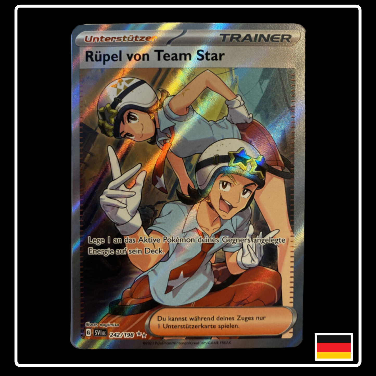 Rüpel von Team Star Trainer Full Art Deutsch 242/198 Karmesin & Purpur