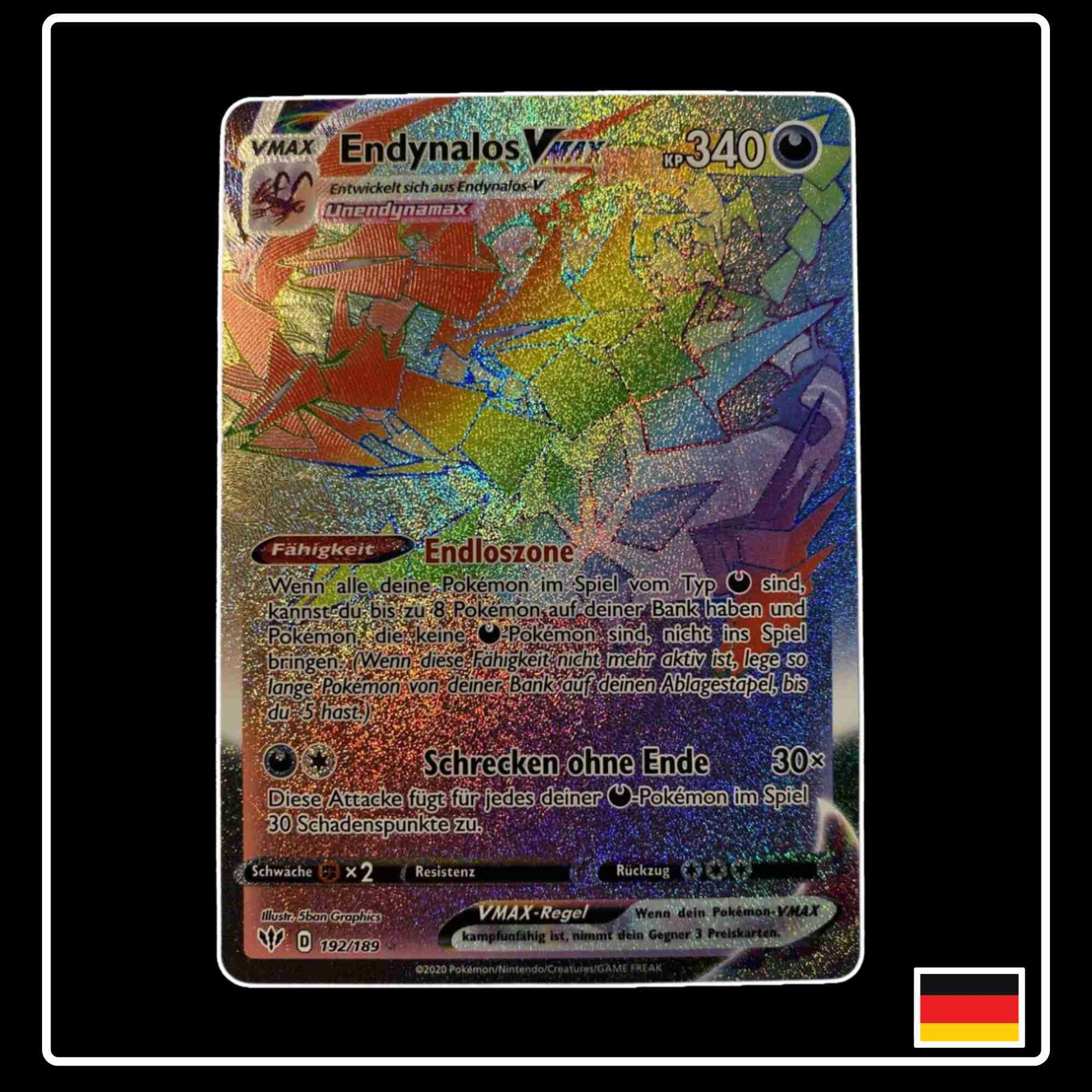 Pokemon Karte Endynalos VMAX Rainbow 192/189 aus dem Schwert & Schild Set Flammende Finsternis