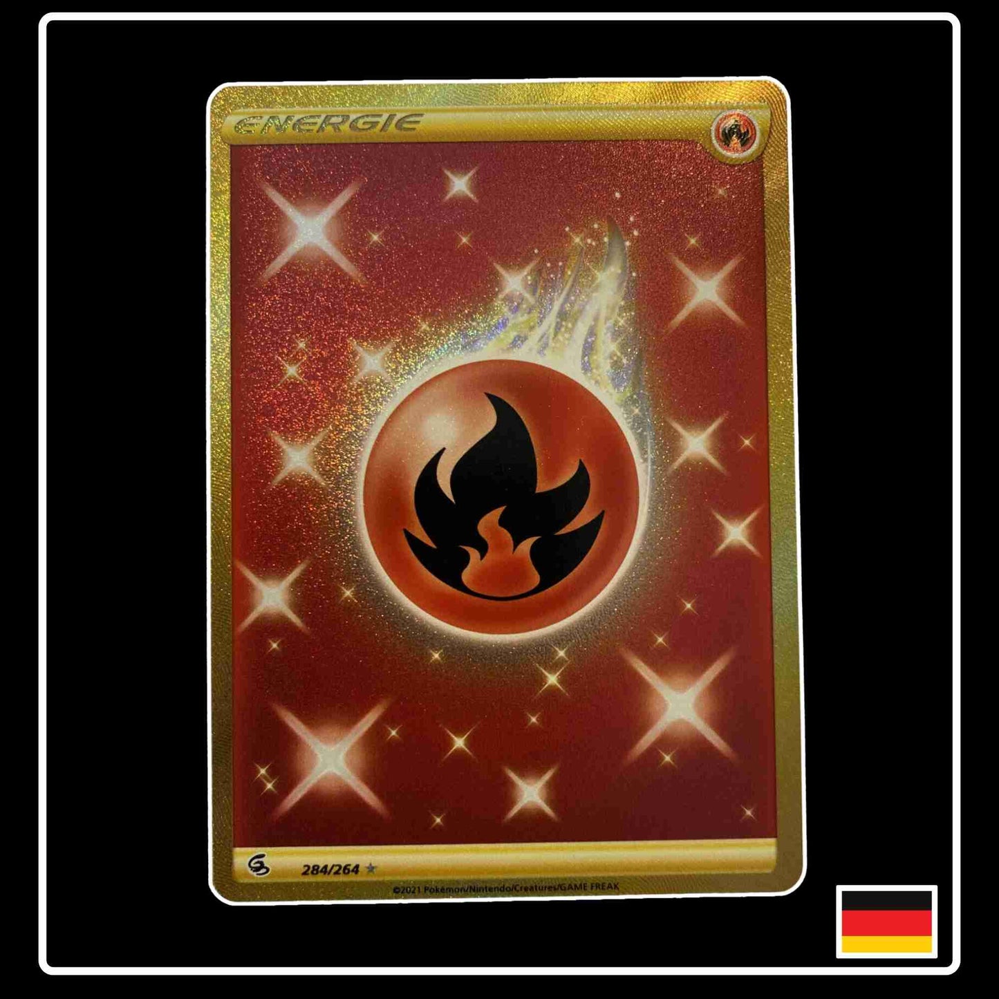 Feuer-Energie Goldkarte aus dem Pokemon Set Fusionsangriff