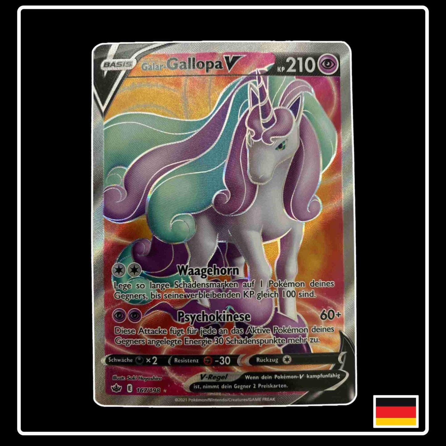 Pokemon Karte Galar-Gallopa V Full Art 167/198 aus dem Schwert & Schild Set Schaurige Herrschaft