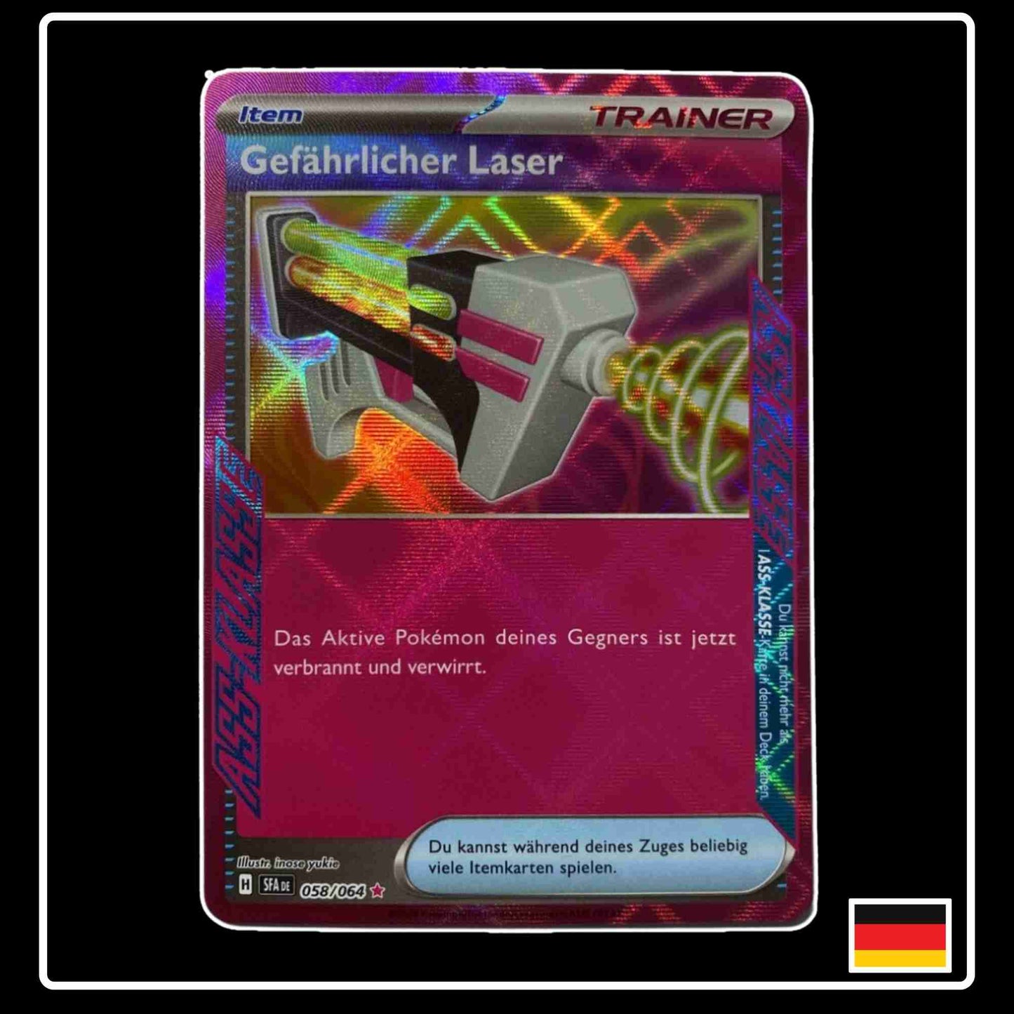 Gefährlicher Laser ACE seltene Pokemon Karte 058/064 aus dem Karmesin & Purpur Set Nebel der Sagen