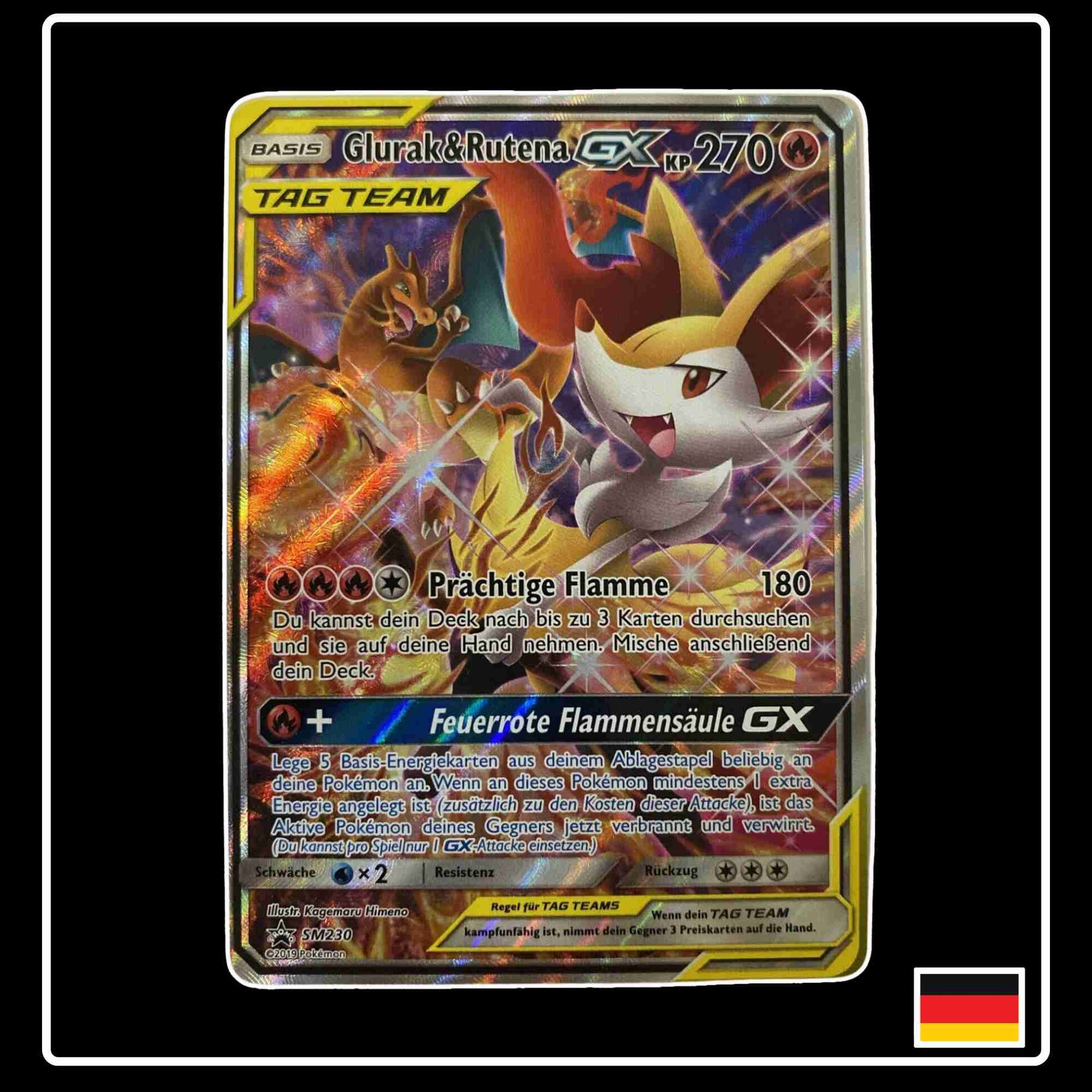 Glurak & Rutena GX SM230 Pokemon Promokarte aus dem Set Sonne & Mond