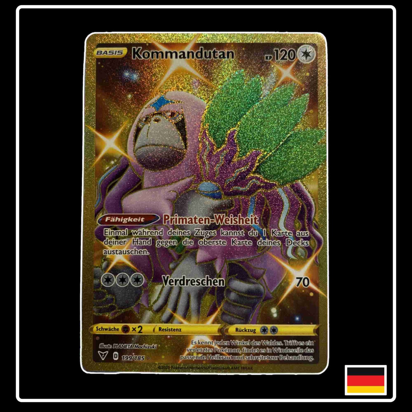 Pokemon Karte Kommandutan GOLD 199/185 aus dem Schwert & Schild Set Farbenschock