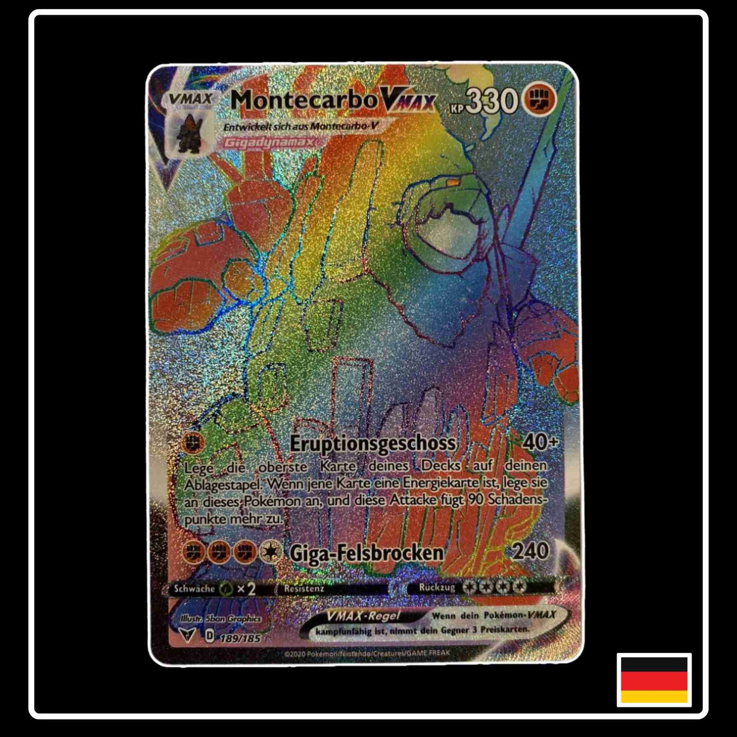 Pokemon Karte Montecarbo VMAX Rainbow 189/185 aus dem Schwert & Schild Set Farbenschock