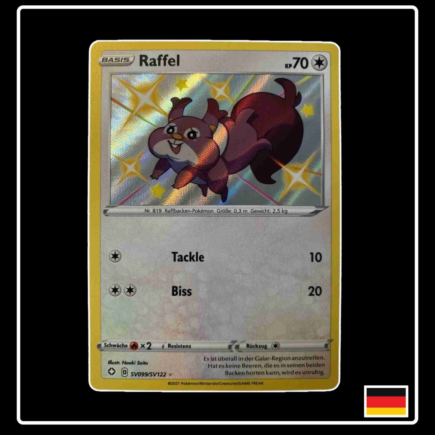 Pokemon Karte Raffel Shiny SV099/SV122 aus dem Schwert & Schild Set Glänzendes Schicksal