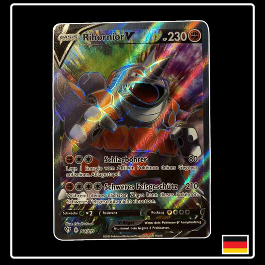 Pokemon Karte Rihornior V Full Art 181/189 aus dem Schwert & Schild Set Flammende Finsternis