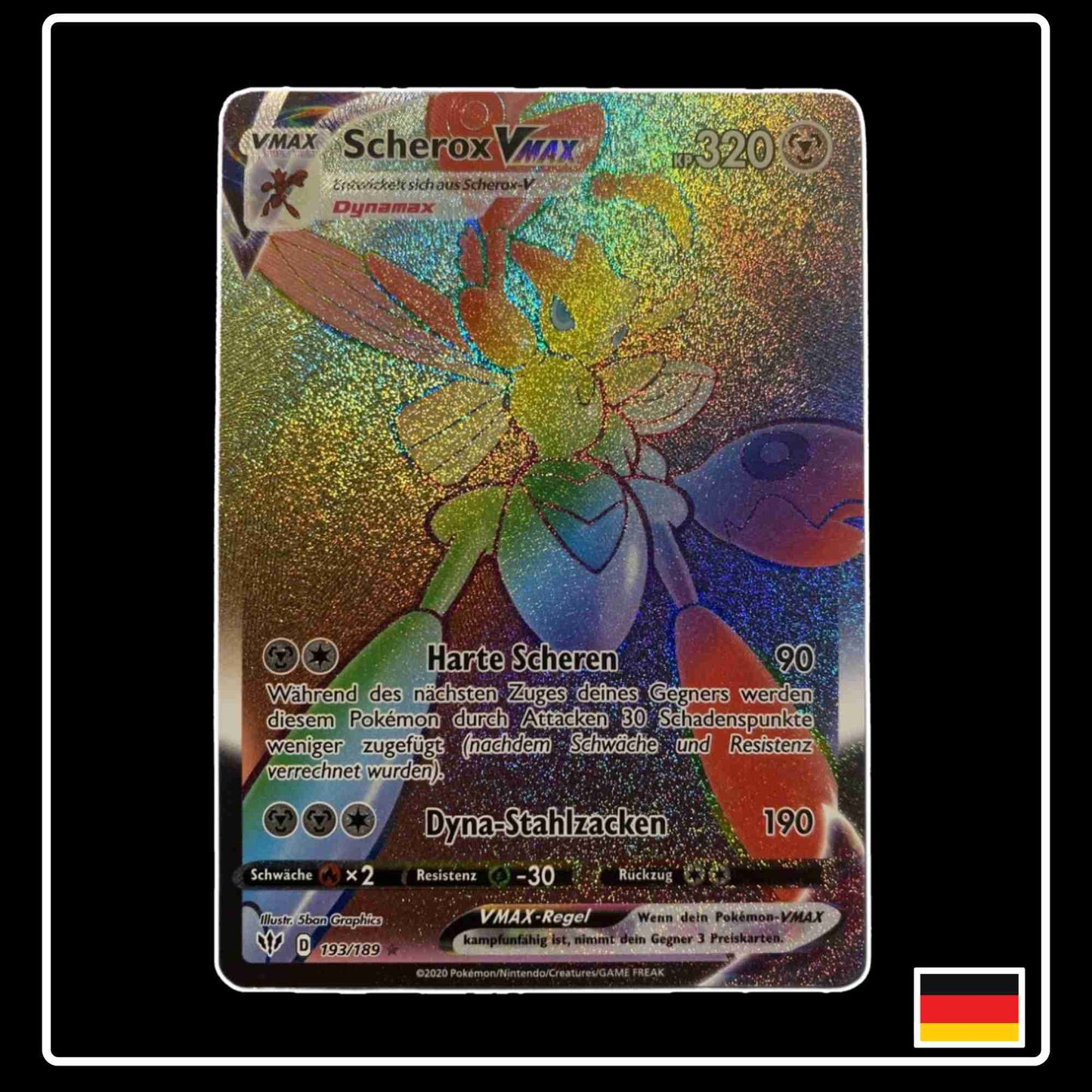 Pokemon Karte Scherox VMAX Rainbow 193/189 aus dem Schwert & Schild Set Flammende Finsternis