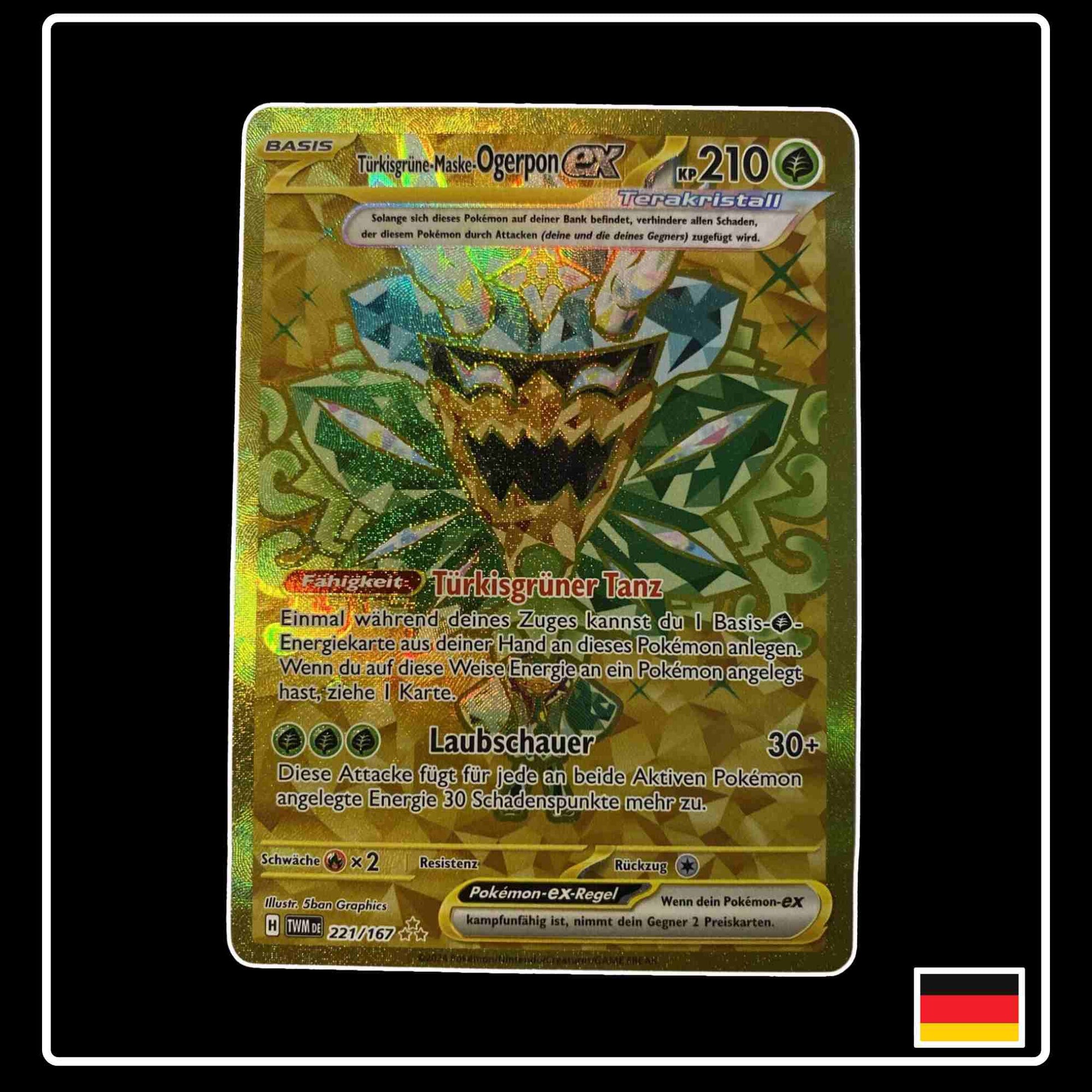 Türkisgrüne-Maske-Ogerpon ex GOLD Pokemon Karte 221/167 aus Karmesin & Purpur Maskerade im Zwielicht